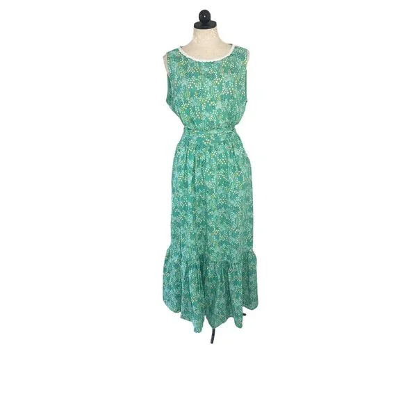 Vintage Womens Dress Size XL Green Floral Handmade Maxi Pockets Belt Cottagecore - Picture 11 of 12
